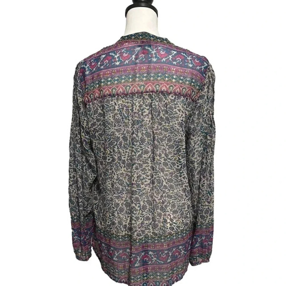 Lucky Brand V neck, Tie front, Pullover Blouse. Sheer. Medium. - Picture 3 of 6